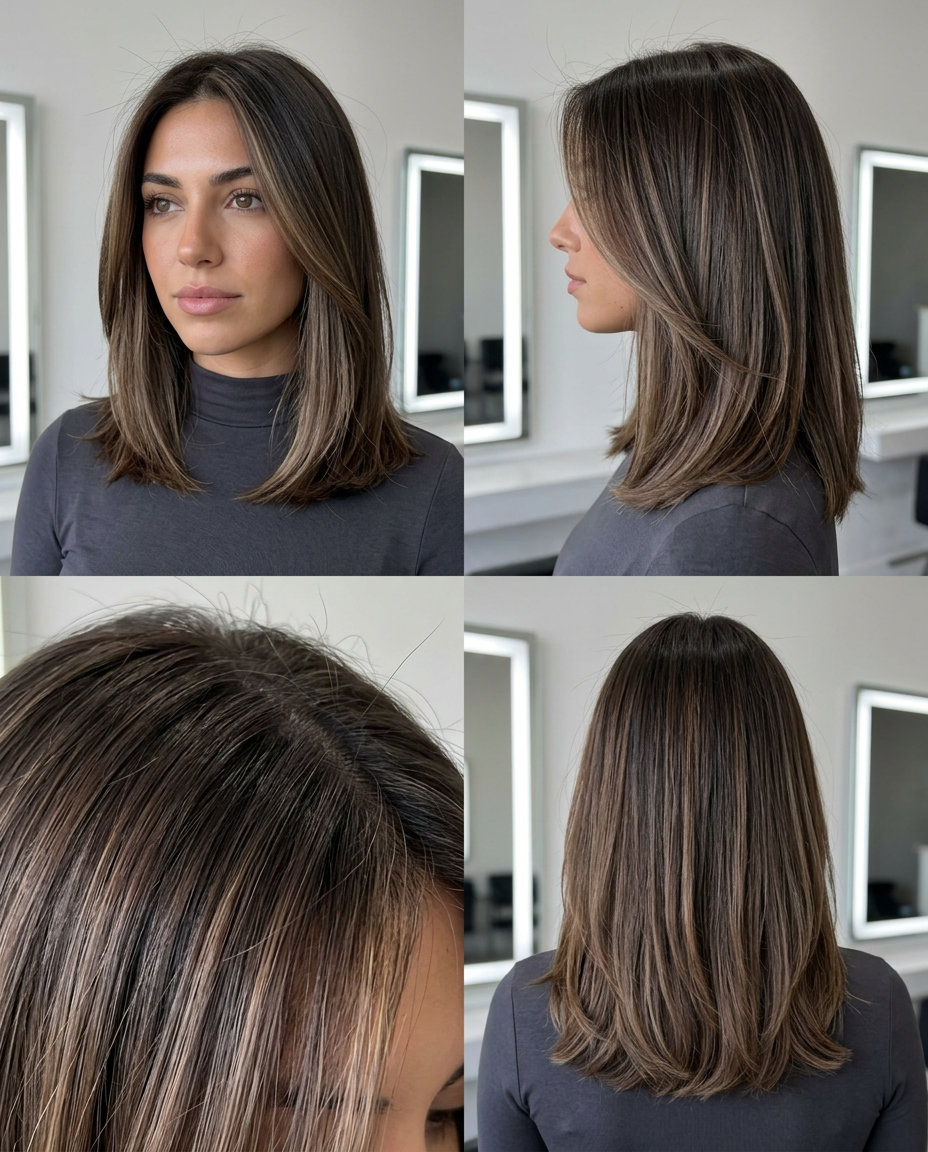 long espresso balayage with cool mocha, dark chocolate base, and subtle highlights for professional events