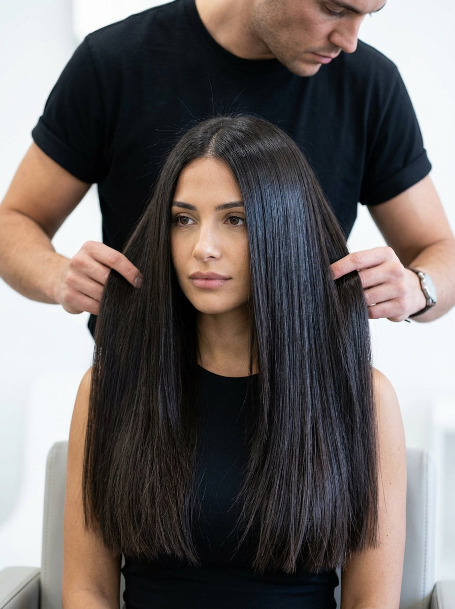long haircut with deep espresso, cool undertones, blunt cut, no layers — sophisticated professional look