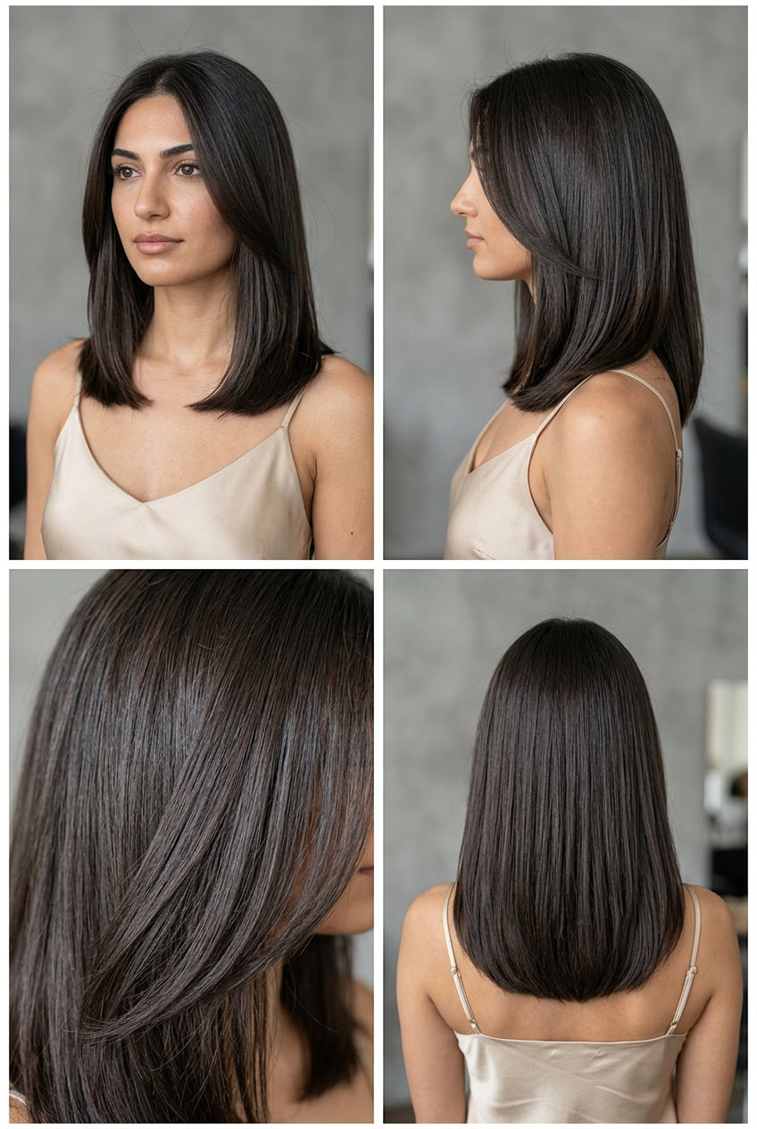 long espresso brunette hair color with cool ash undertones, all-over single process, no fringe — professional sophistication