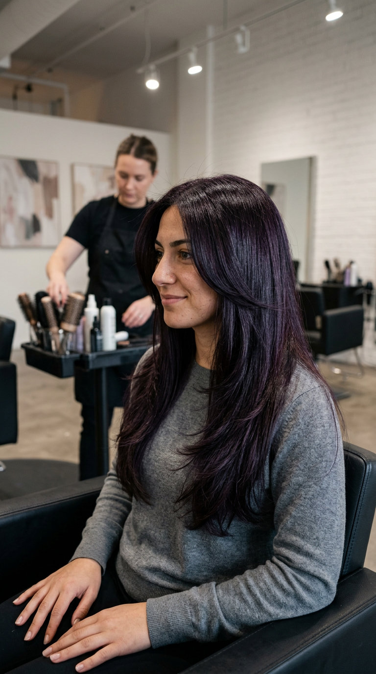 long butterfly haircut in deep espresso with violet undertones, internal channeling and point-cut ends — romantic evening gala