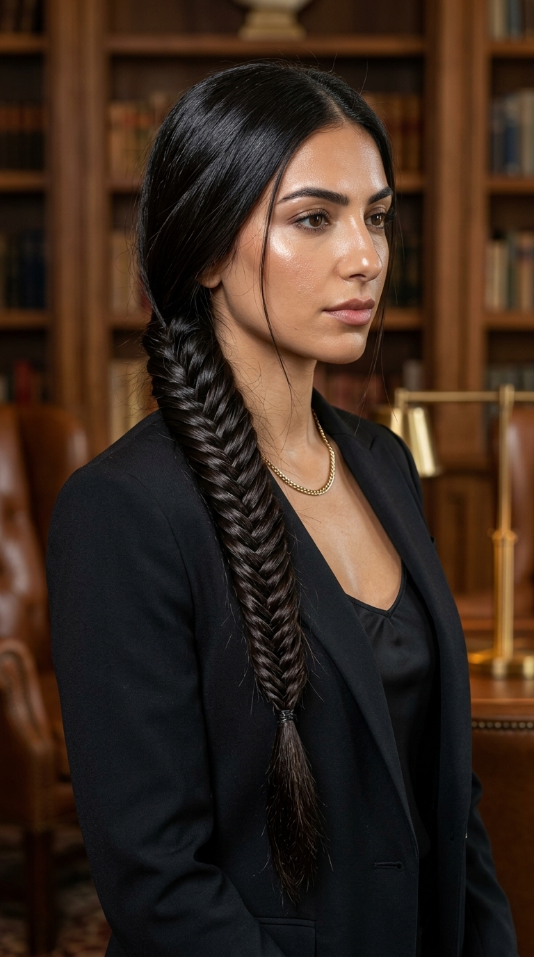 long espresso glaze fishtail braid with near-black brunette, high-gloss finish for professional events