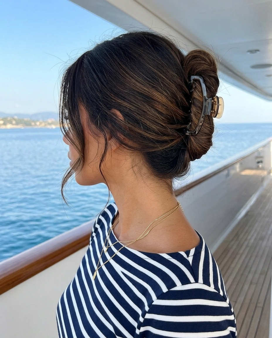 long French twist with espresso brunette color, loose roll, face-framing pieces — chic minimalist style
