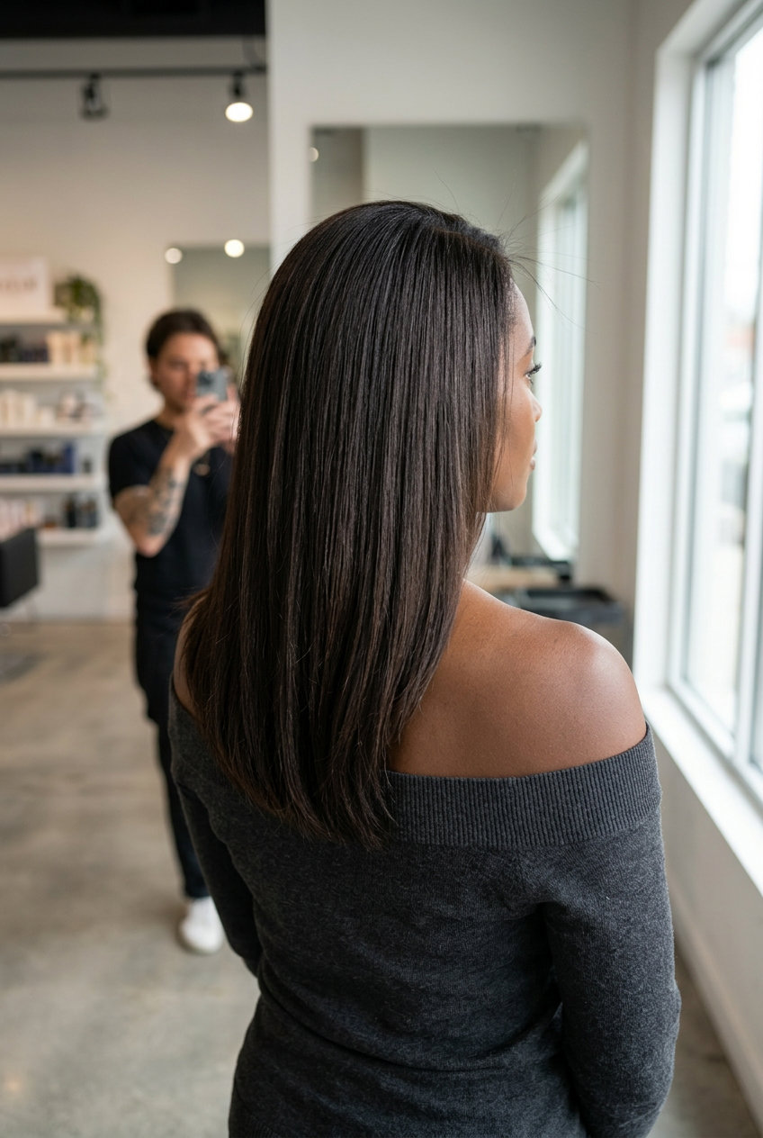 long espresso brown global color with shadow root, cool-toned dark brown blend — sophisticated daily wear look