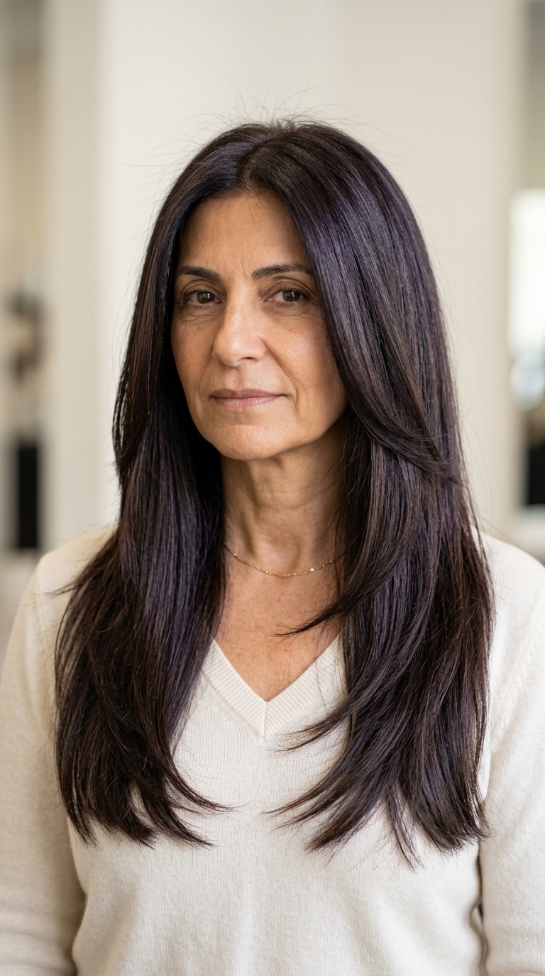 Chic Summer Haircuts 2026: Espresso Cascade Long Layers long subtle layered haircut in deep espresso brunette with violet undertones, face-framing layers, for elegant occasions