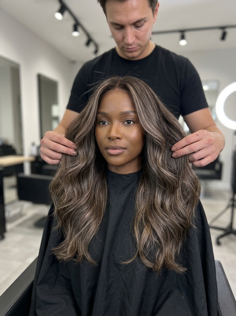long layered espresso brunette with cool ash brown balayage and face-framing highlights for a dimensional look