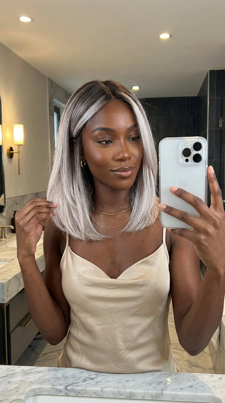 long blunt cut ombre with deep espresso root to icy platinum, foilyage technique