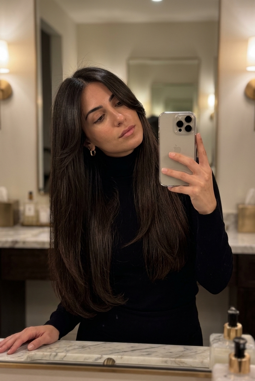 long U-cut with espresso brunette, internal channeling, no fringe — sophisticated