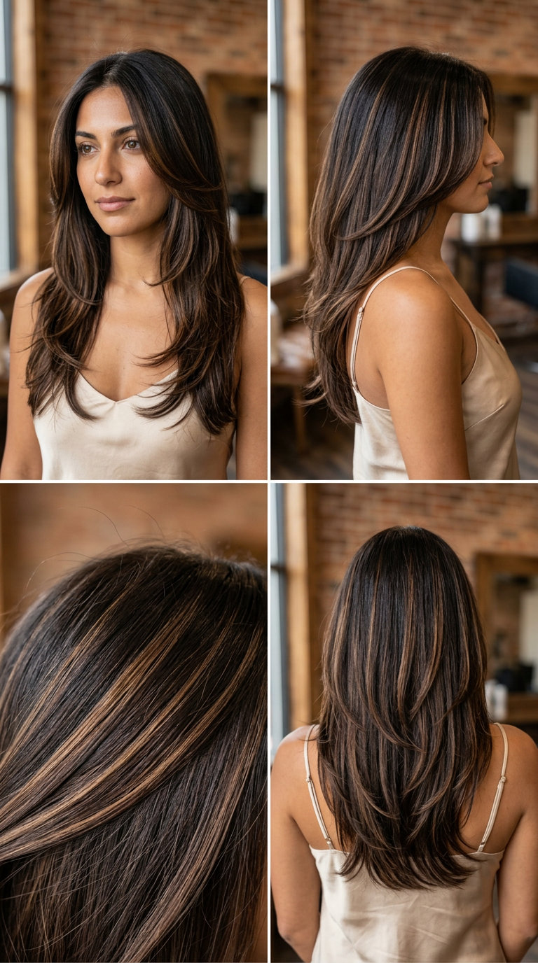 long espresso brunette U-shaped haircut with warm mocha ribbon highlights and face-framing layers for chic events