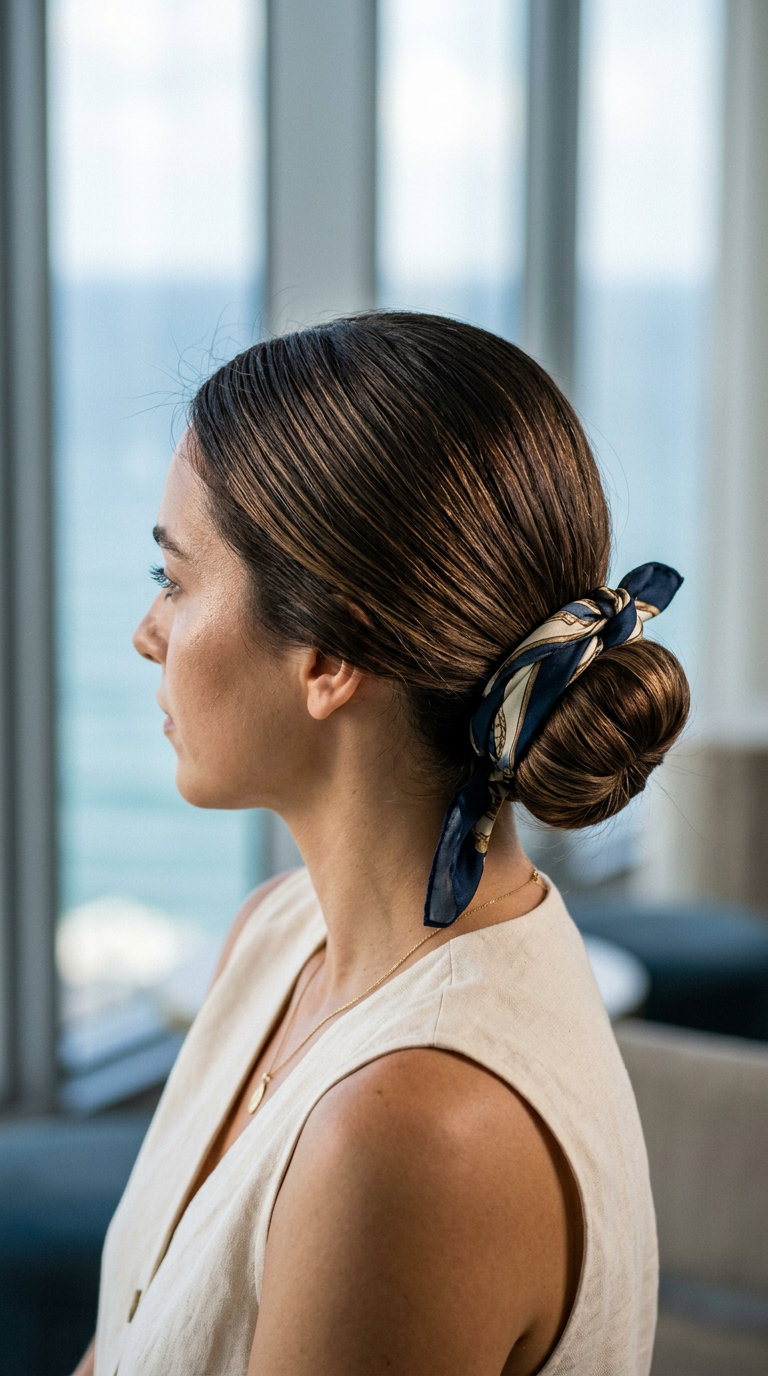 long espresso martini bun with silk scarf and center part for summer