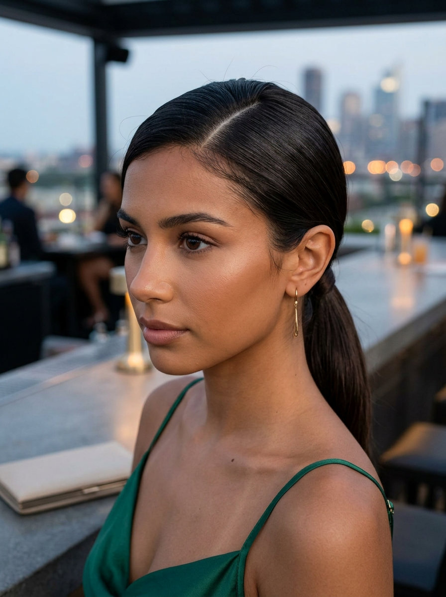 long espresso martini brunette ponytail hairstyle with deep side part, low pony, high-gloss finish — sophisticated formal dinner
