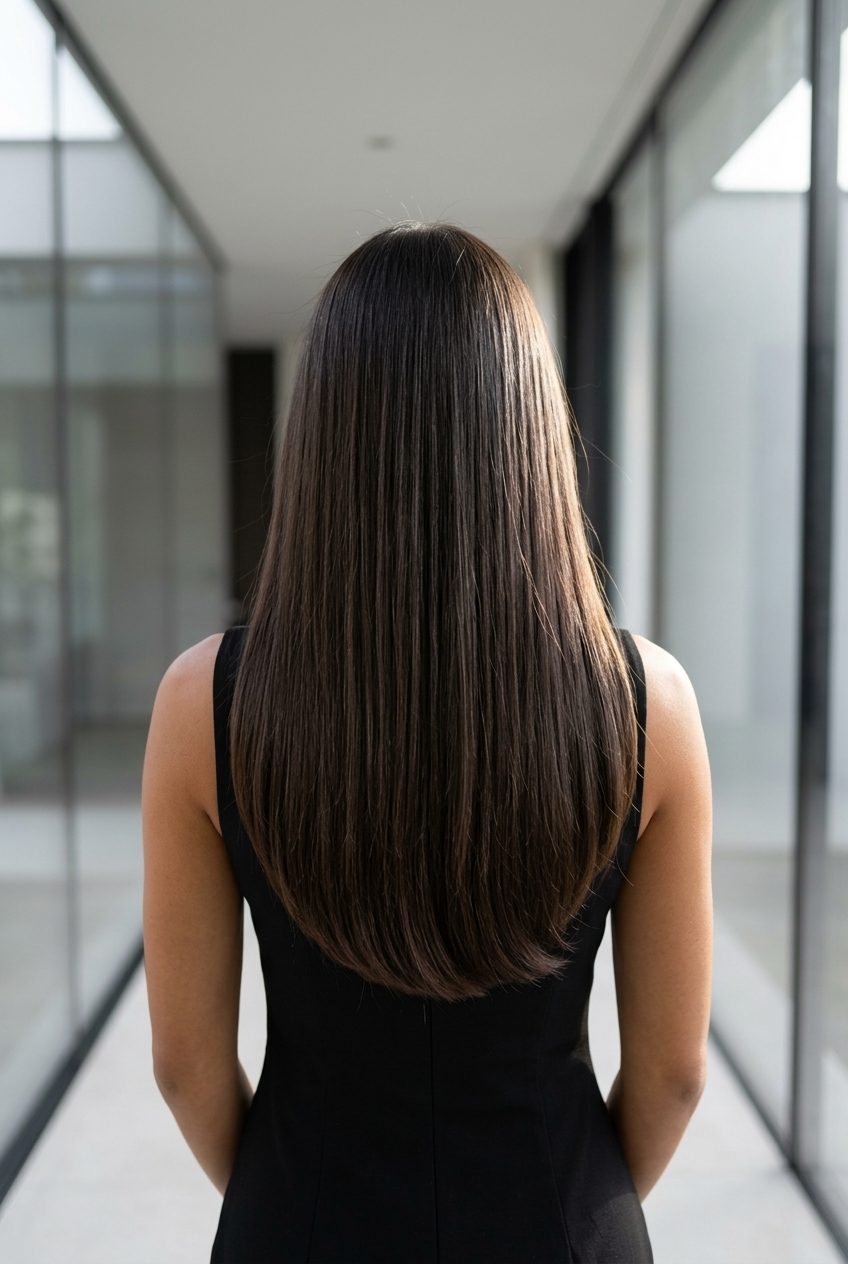 long espresso martini brunette haircut with high-shine silver reflects and blunt ends for professional events