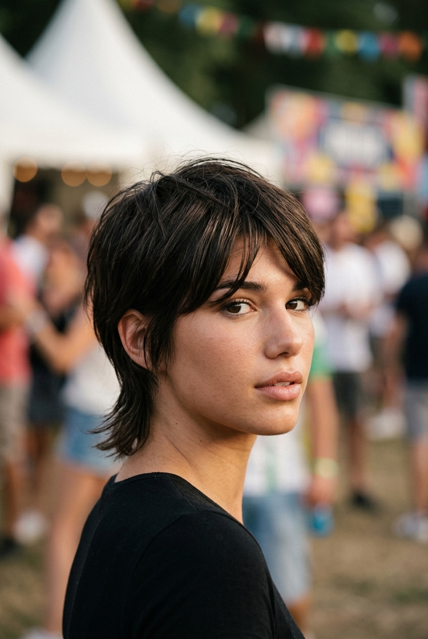 short shag-pixie haircut with espresso martini cool brunette, choppy layers, tapered nape — edgy, playful