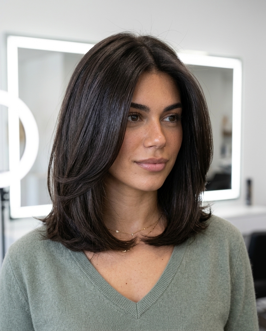 shoulder-length italian bob haircut with deep cool brunette, global tint, deep side part — sophisticated glam
