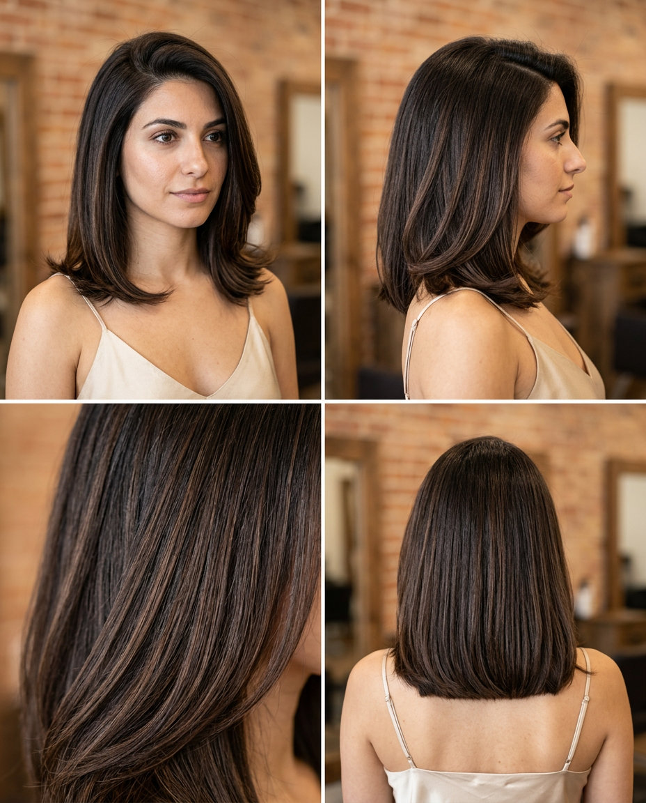 medium lob haircut with rich espresso brunette & mocha lowlights, blunt perimeter, no fringe — bold, glamorous