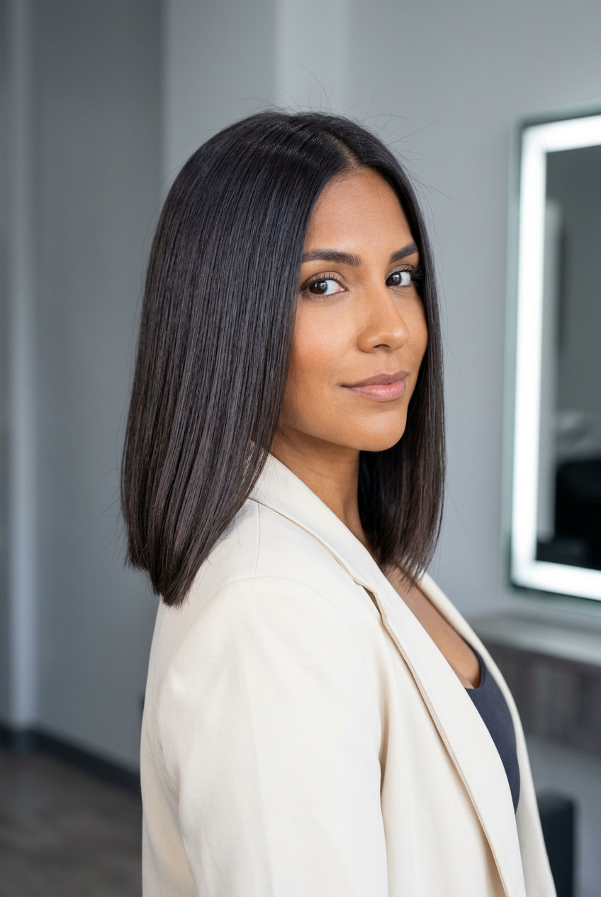 medium lob haircut with deep espresso brunette, ash undertones, blunt perimeter — sophisticated, polished