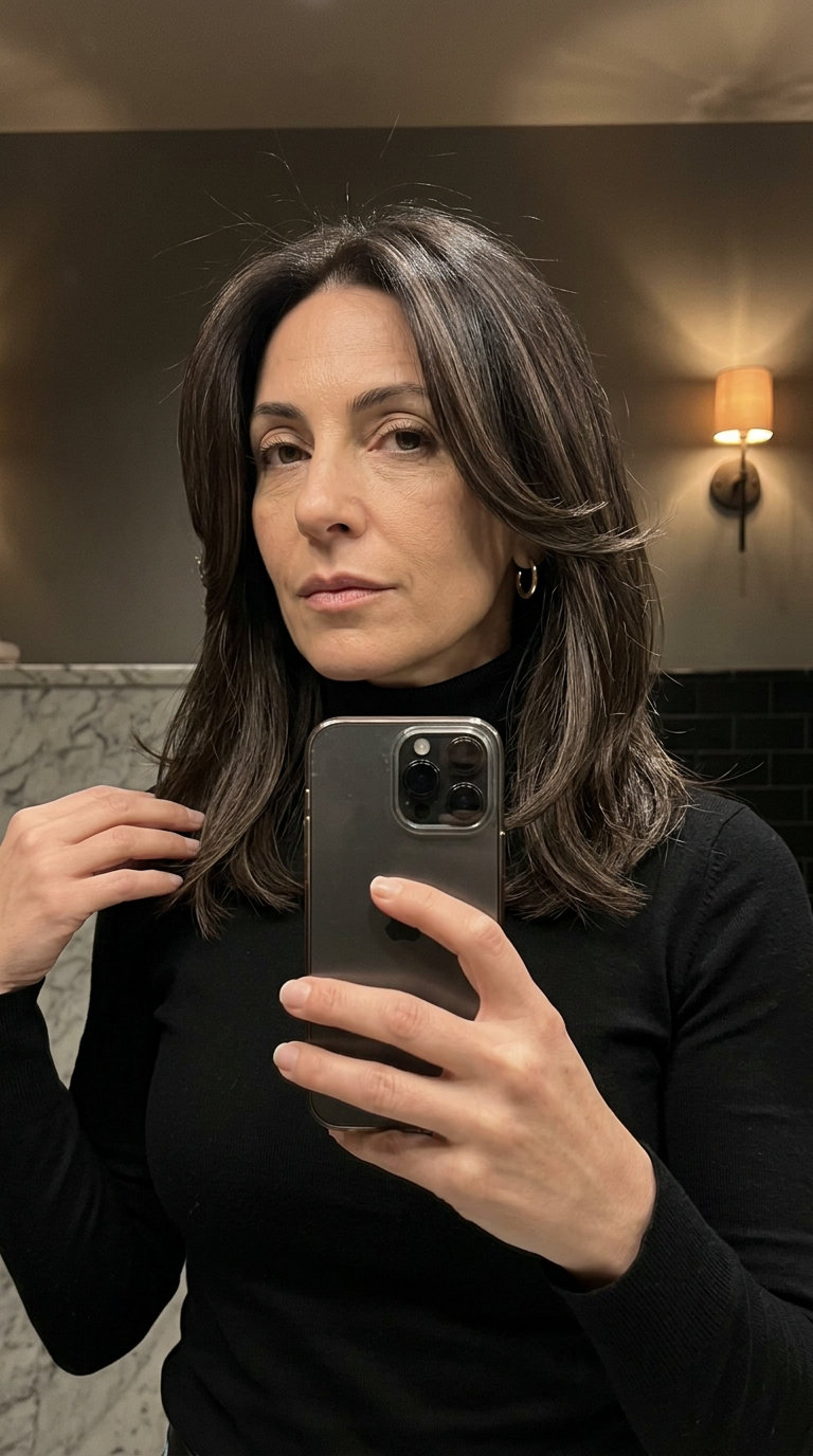 medium-long espresso brunette haircut with ash highlights, C-shaped layers, no bangs — professional & modern