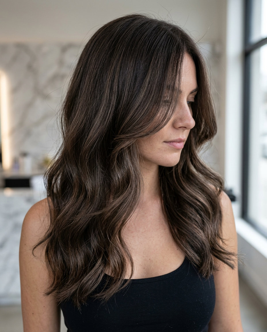 mid-back layered cut with deep espresso, mushroom brown babylights, and face-framing layers for summer