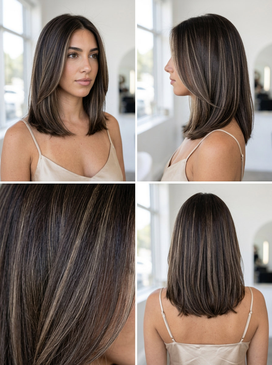 mid-length sleek hair with deep espresso, cool beige micro-highlights, seamless blend for professional office