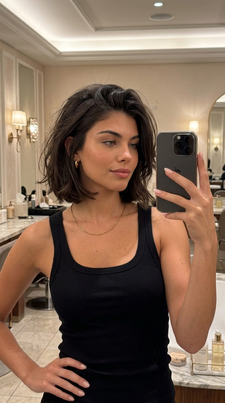shoulder-length messy bob haircut with espresso roast brunette, invisible layers and blunt perimeter for summer