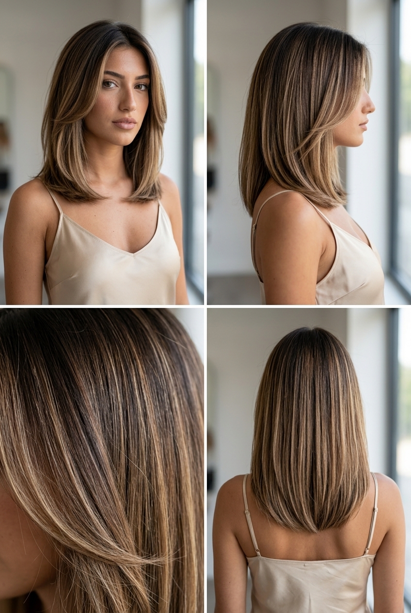 long brown hair with espresso shadow root highlights, soft caramel/beige highlights, no fringe — sophisticated, sleek, modern