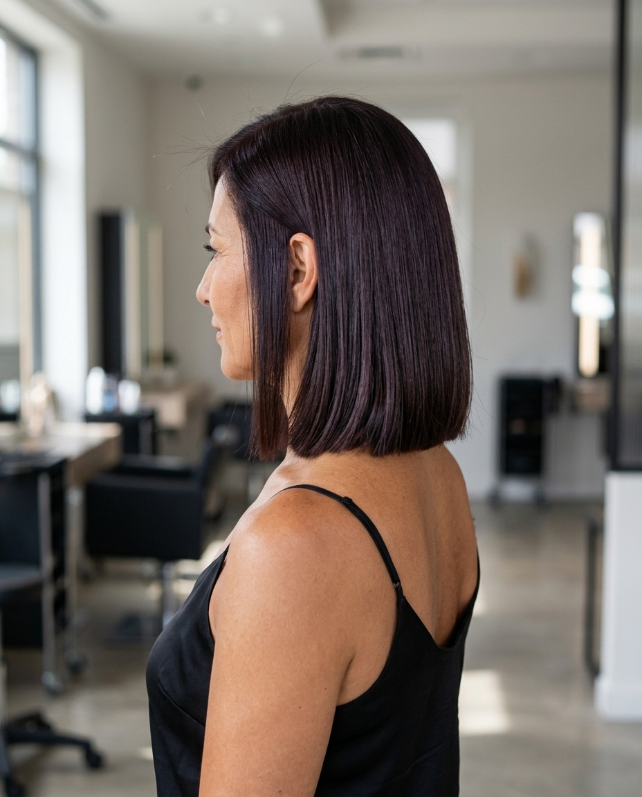 Chic Espresso Micro-Bob 2026 short espresso micro-bob haircut with violet undertones, razor-sharp perimeter, no fringe — bold modern