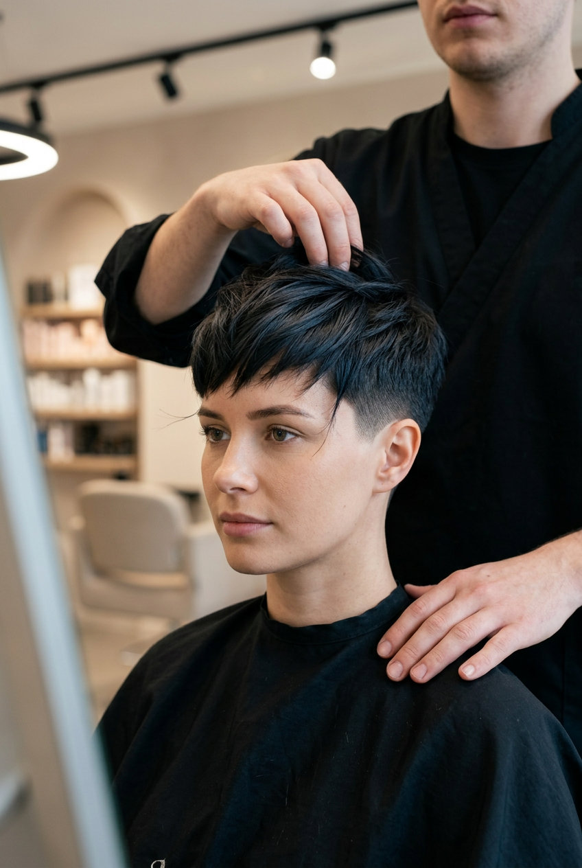 short sculpted pixie haircut in deep espresso brunette with clipper fade and textured top for summer 2026