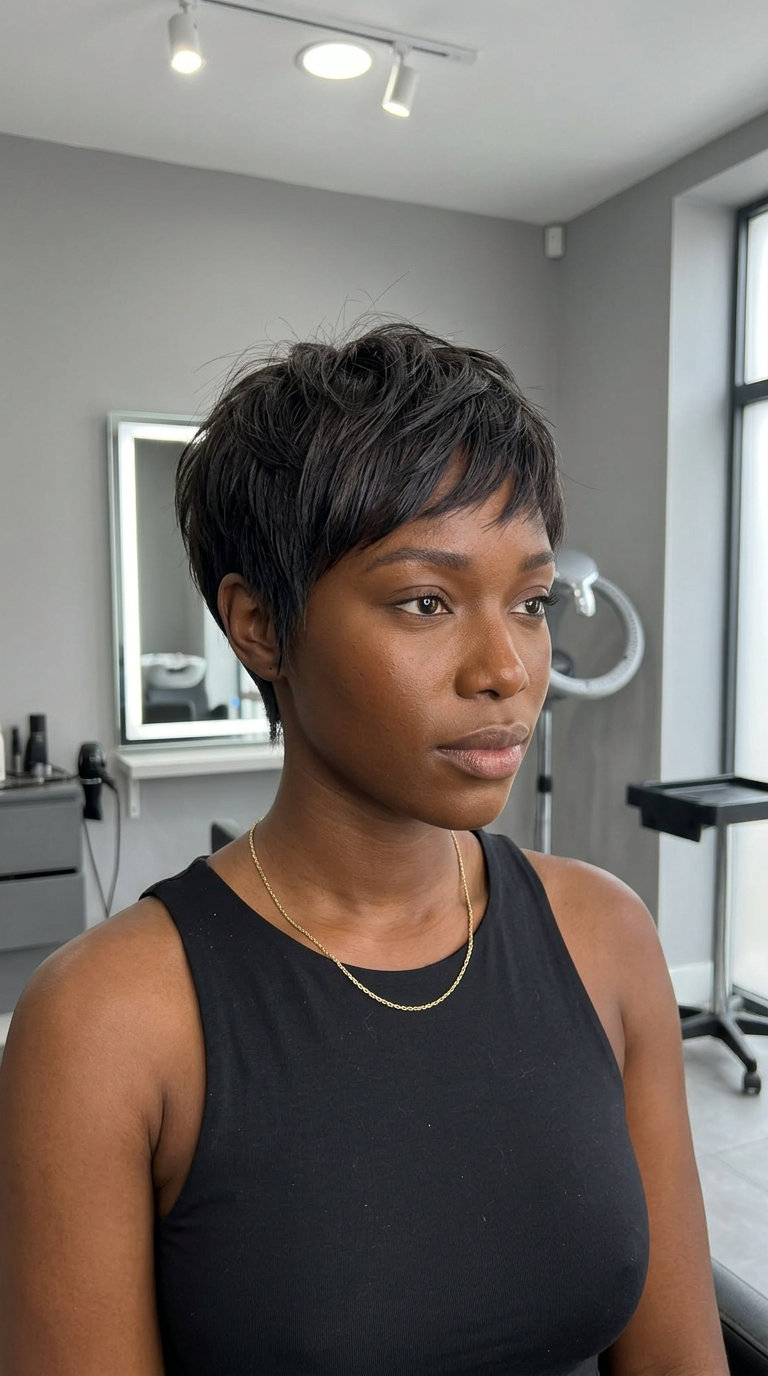 short espresso brunette pixie crop with ash undertones and micro-fringe for edgy style