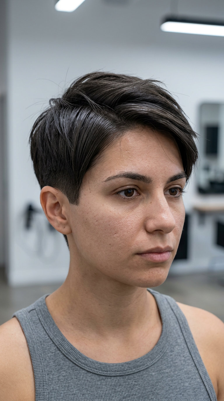 short pixie haircut with deep espresso brunette, geometric silhouette, razored sides, piecey top — edgy modern outing