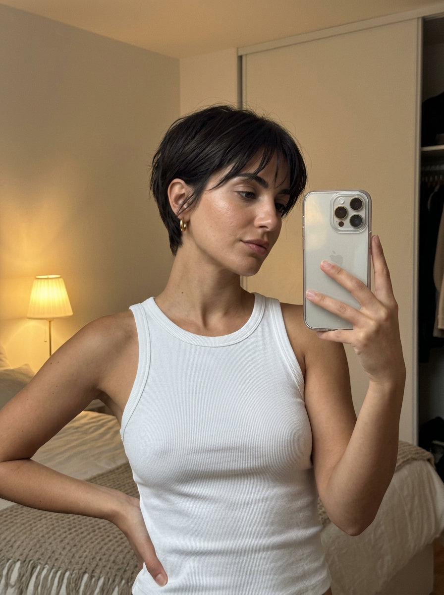 short pixie haircut in deep espresso brunette with razored texture and wispy fringe for summer 2026
