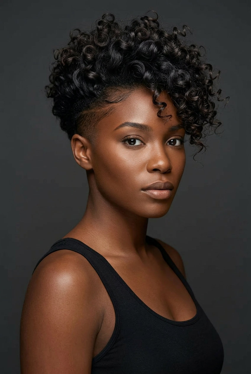 short haircut with undercut in deep espresso brunette, sculpted curls, for bold statements