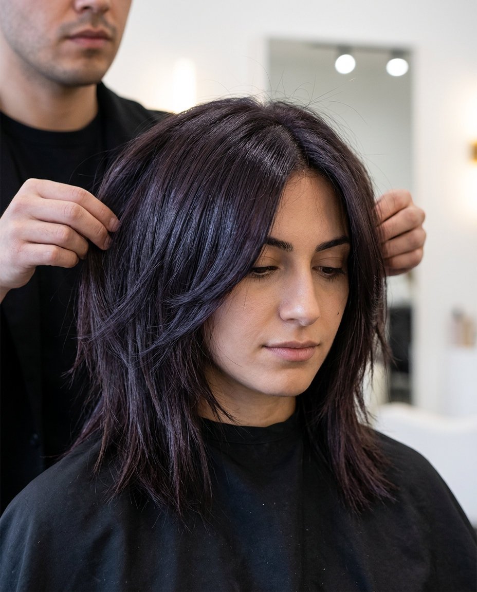 shoulder-length butterfly haircut in deep espresso with violet sheen, choppy layers and razored ends — edgy concert look