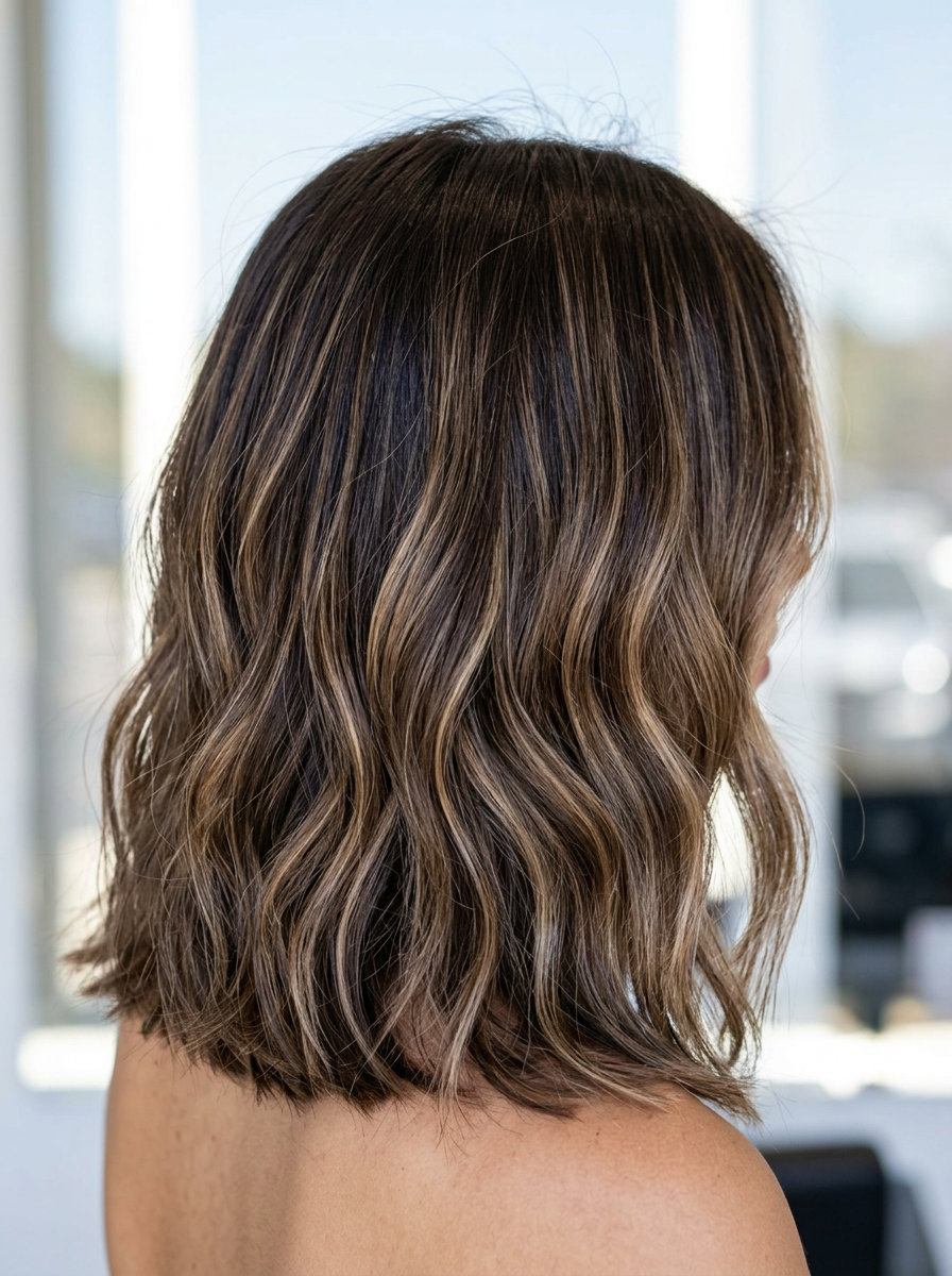 shoulder-length espresso brunette lob with sandy beige babylights for dimensional style
