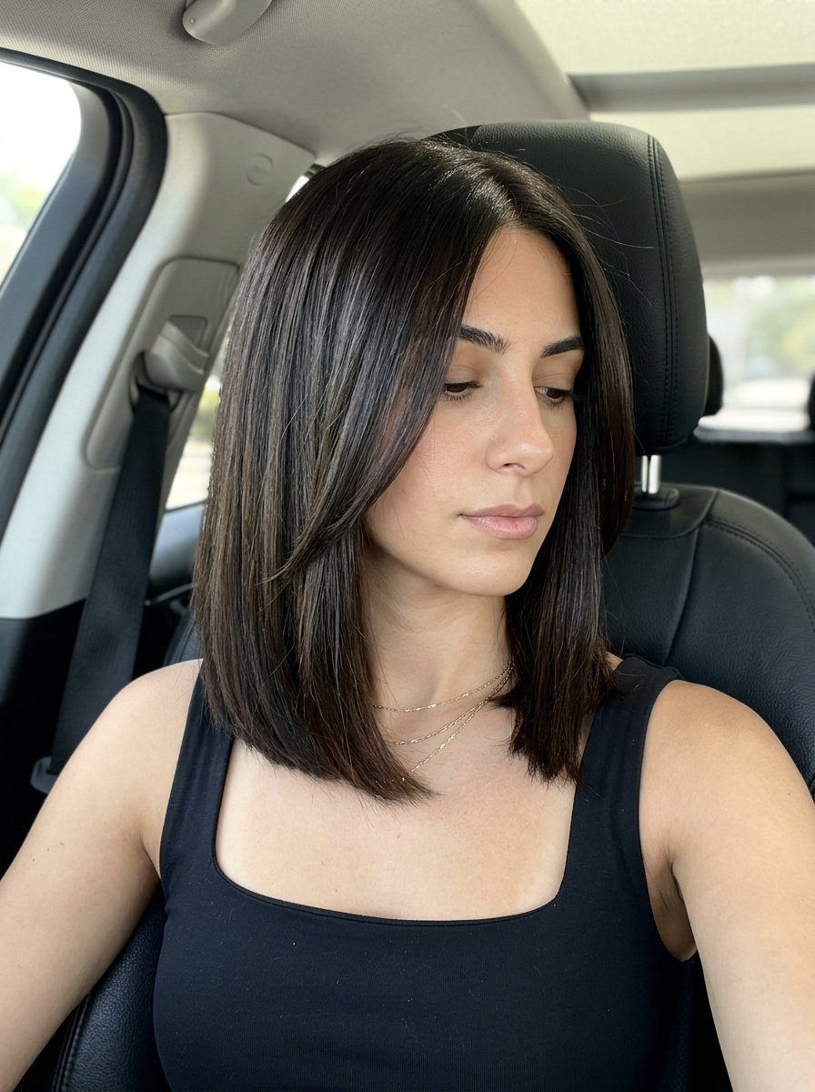 shoulder-length blunt bob balayage with deep espresso & dark chocolate for professional settings