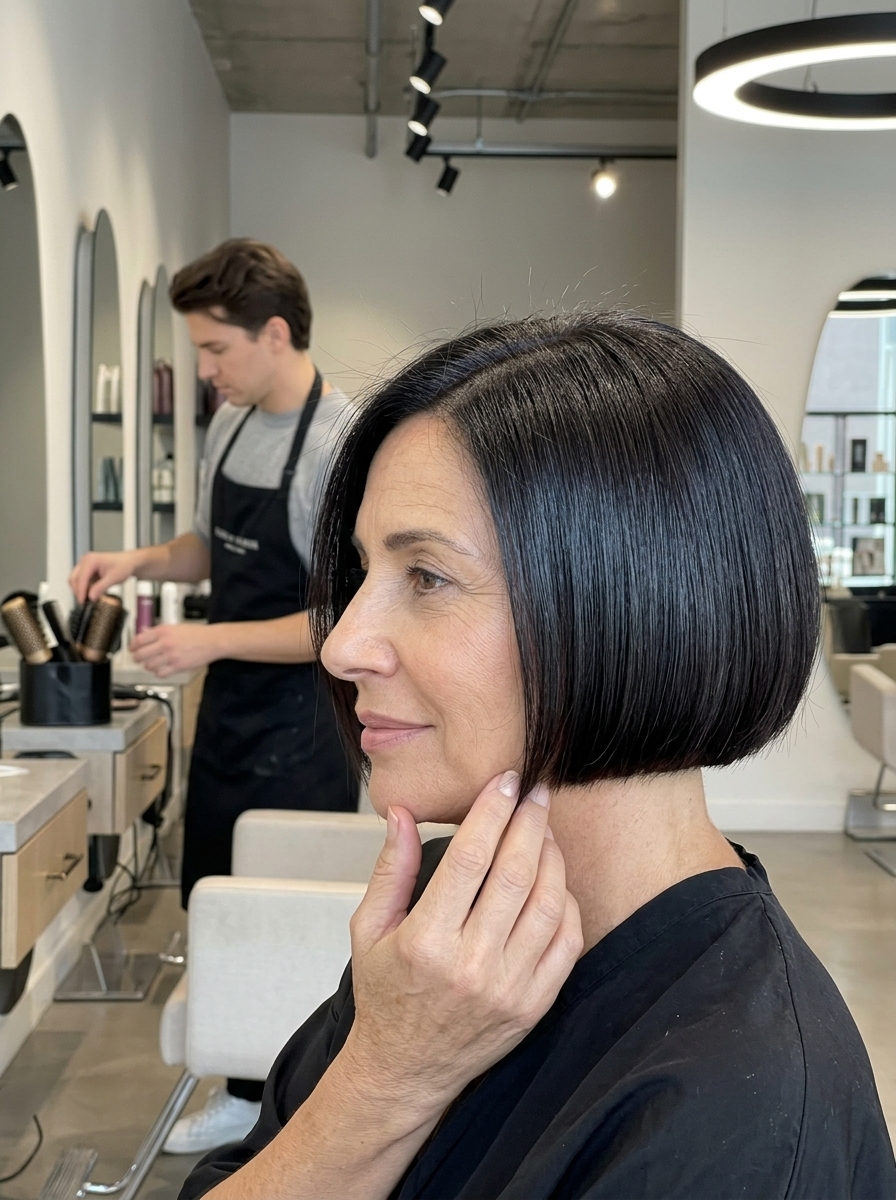 Sharp Espresso Micro-Bob 2026: Chic Summer Haircut for Women Over 50 very short micro-bob haircut in deep espresso with cool undertones, blunt perimeter, for minimalist style
