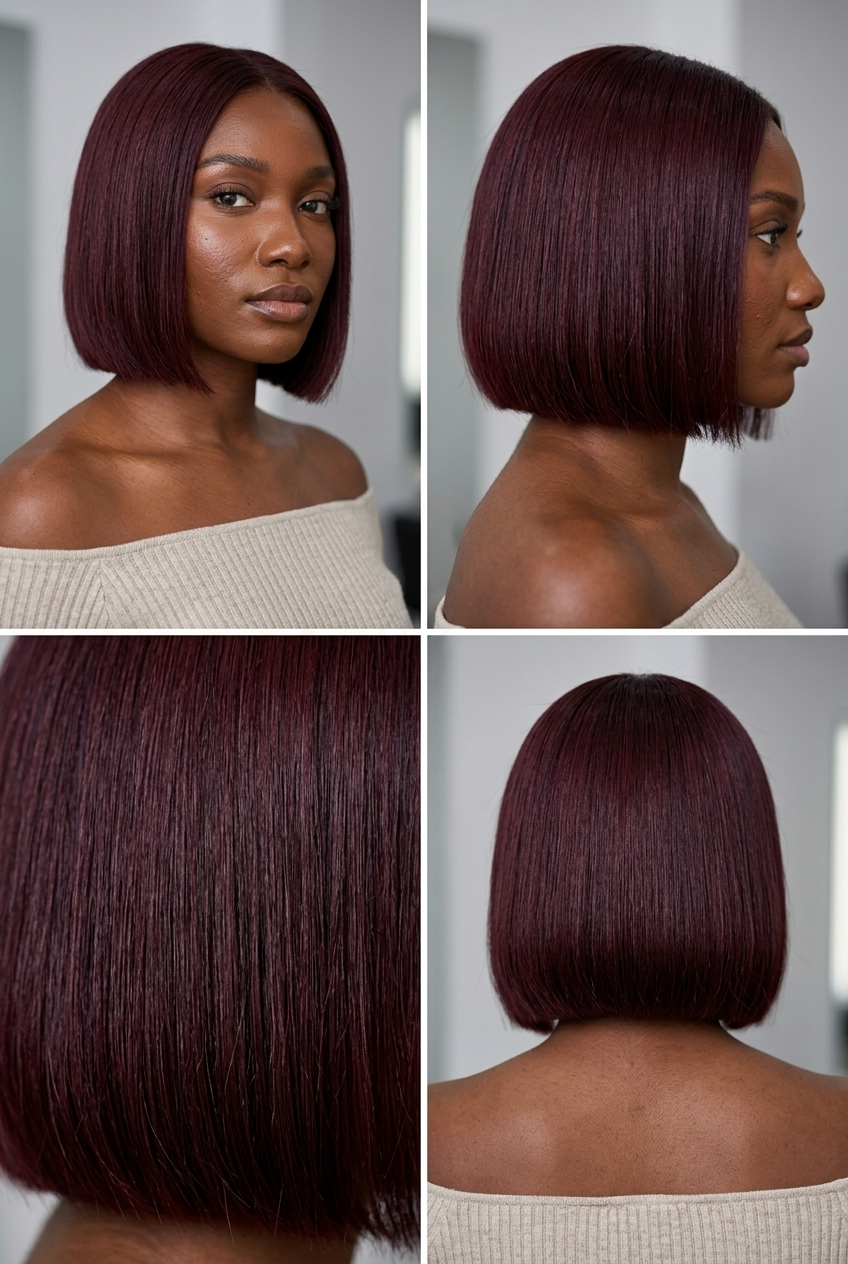 blunt cut with deep garnet burgundy all-over color and velvet sheen for professional events