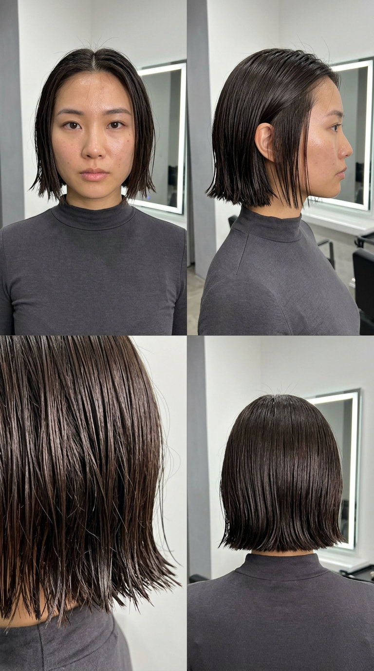 very short messy bob haircut with deep glossy black color and blunt cut for summer 2026