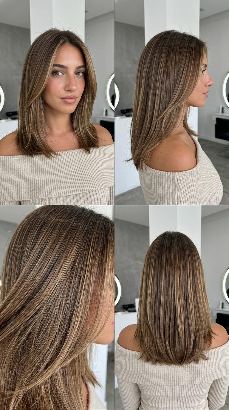 long golden-beige babylights on natural brown base with babylights, sun-kissed halo — chic European summer