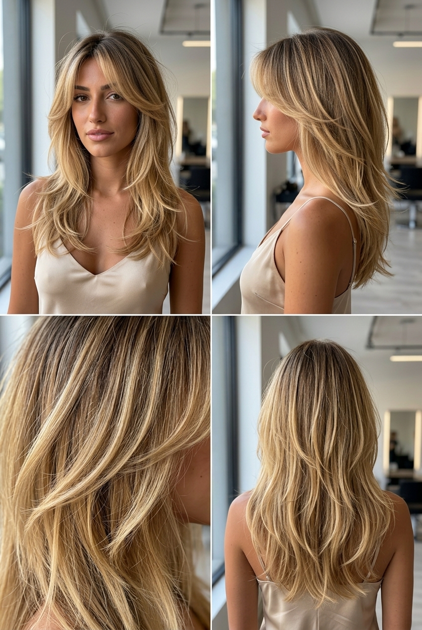 long sun-kissed balayage haircut with golden blonde and curtain bangs for beach vacation