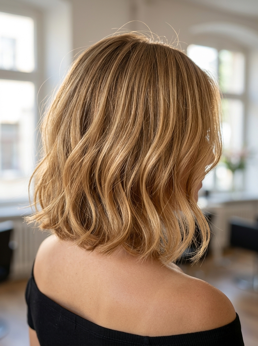 chin-length italian bob haircut with golden blonde highlights, caramel face-framing, point-cut perimeter — romantic sun-kissed style