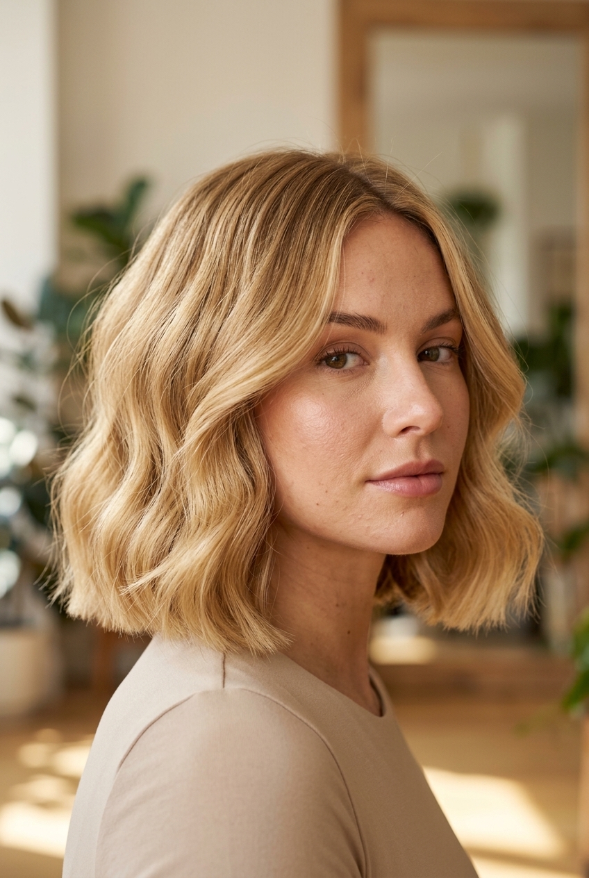 collarbone-grazing blunt bob haircut in warm golden blonde with honey lowlights, invisible internal layering — sun-kissed luxurious