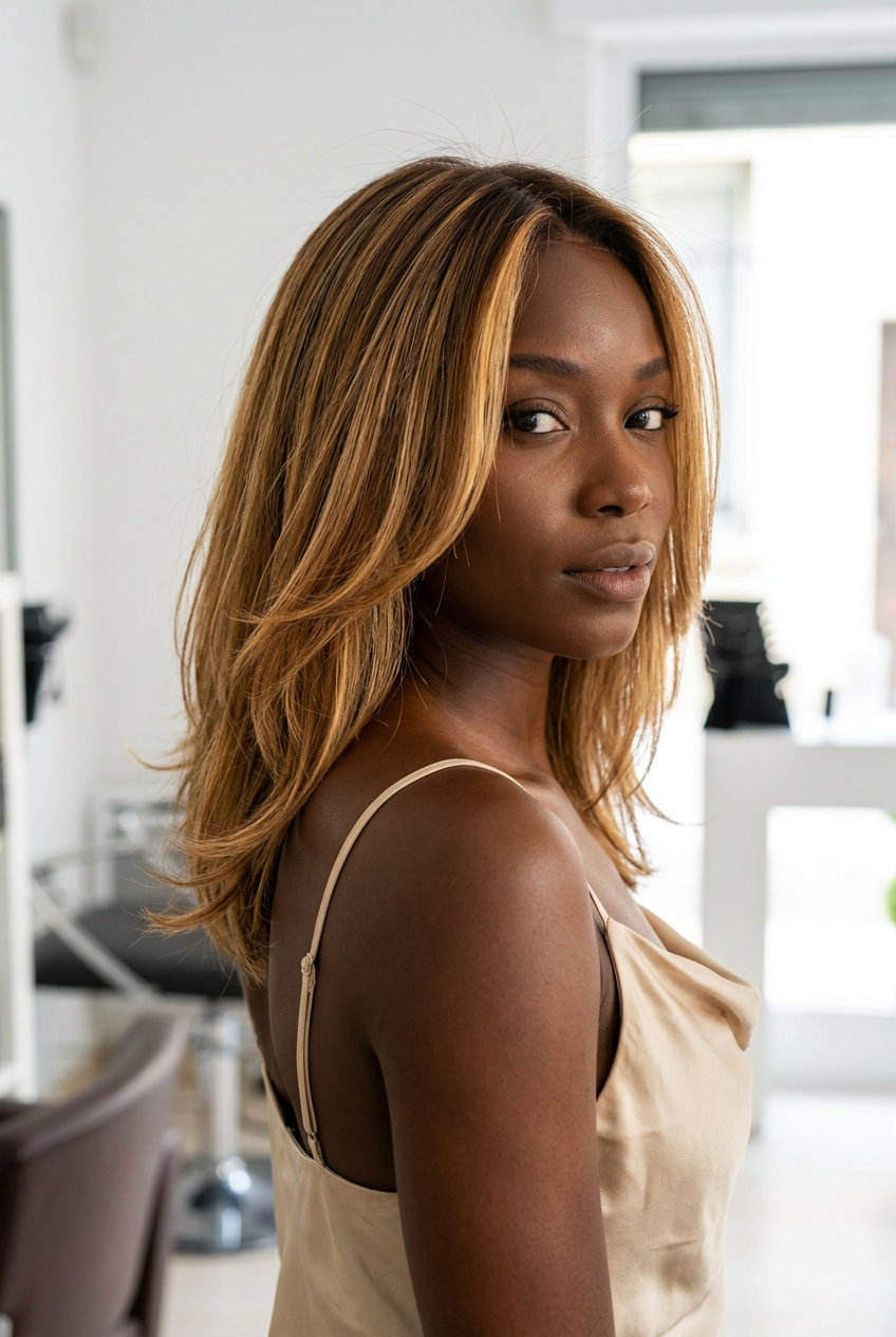 long syrup blonde balayage with rich golden blonde, amber, caramel, hand-painted highlights — radiant summer