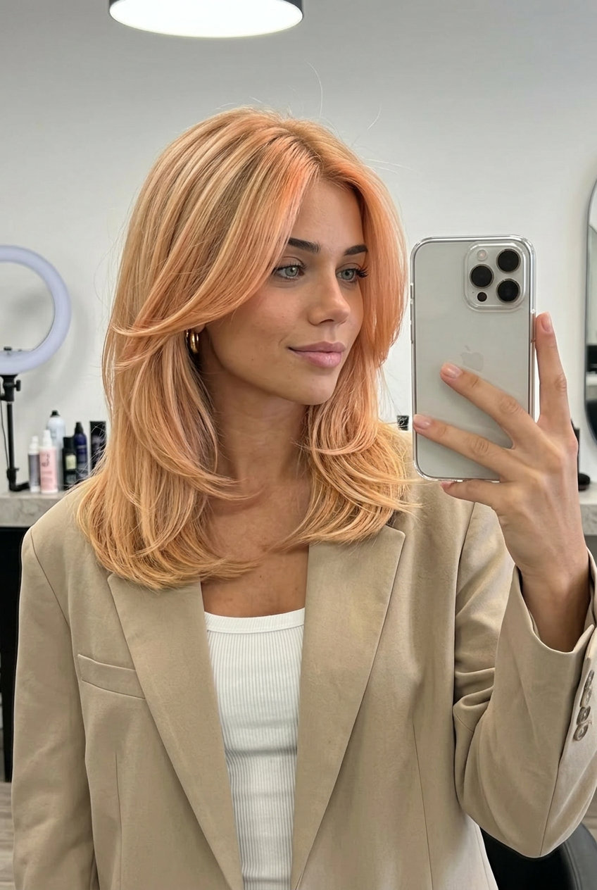 long golden blonde balayage with soft peach/strawberry blonde accents for sun-kissed playfulness