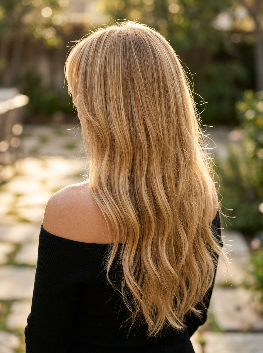 long haircut with golden blonde, wispy fringe, invisible layers — bohemian