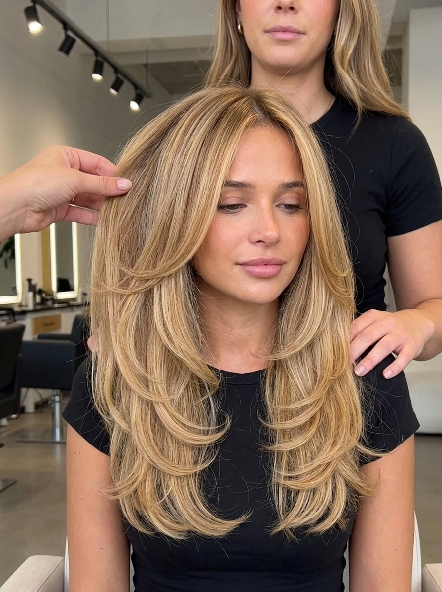 long 'C' curve haircut with golden blonde, honey babylights, no fringe — romantic