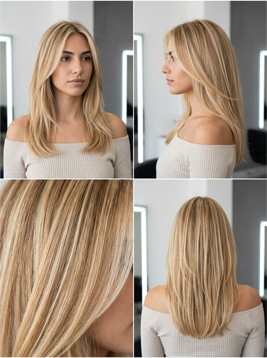 long layered hair in golden blonde with pale gold babylights, face-framing for sun-kissed glow
