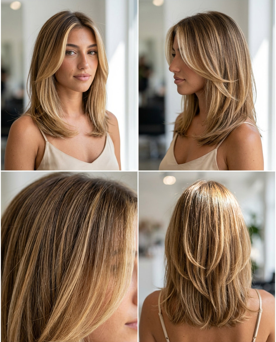 medium-length layered haircut with golden blonde balayage, buttercream money piece, no bangs — playful luminous