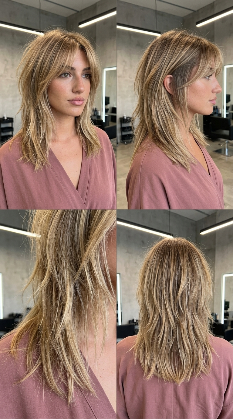 medium shullet haircut with golden blonde balayage and wispy curtain bangs for summer