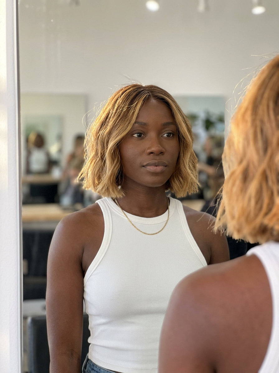 chin-length blunt bob with warm dark blonde to golden blonde ombré, point-cut ends — playful summery
