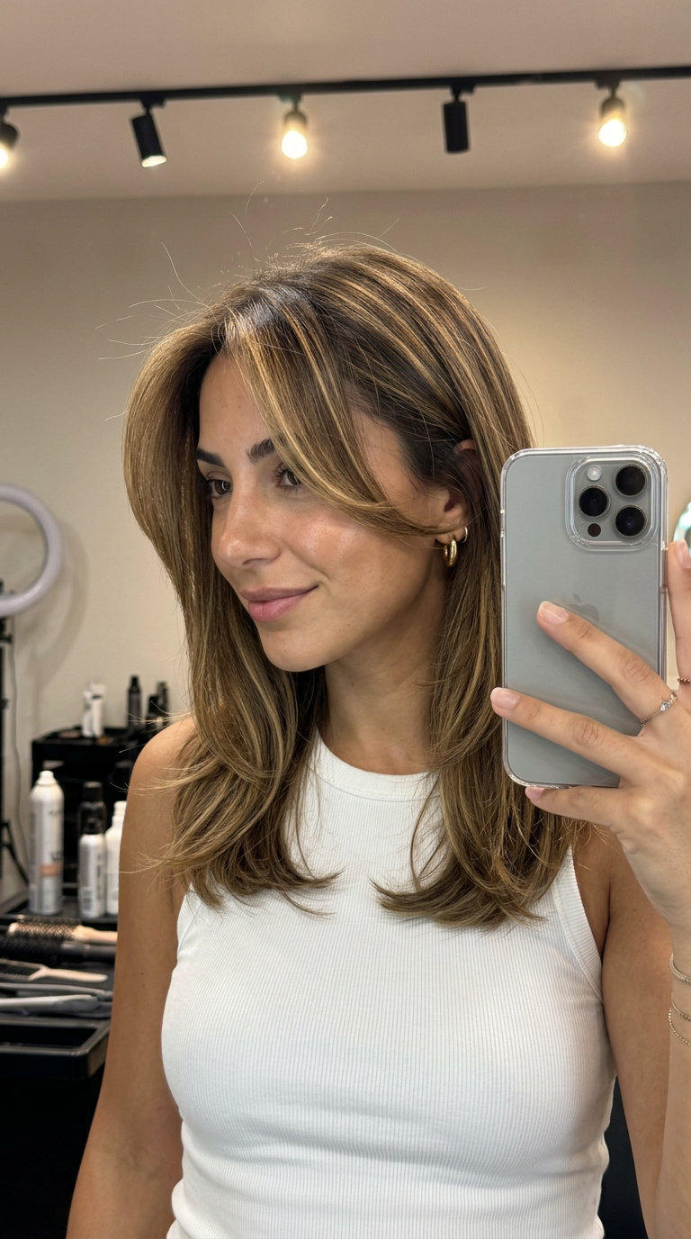 long medium brunette hair color with golden bronde money pieces, face-framing highlights, no fringe — soft effortless