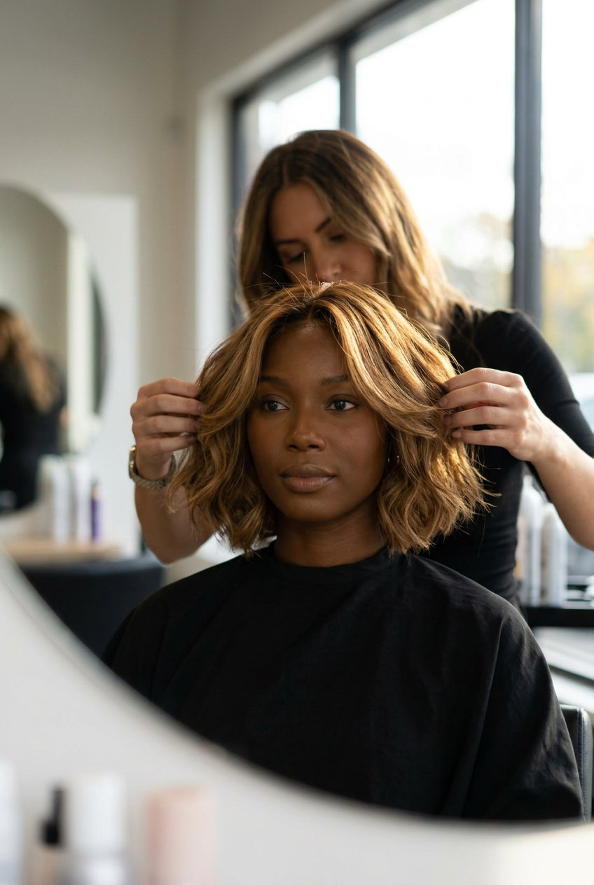 short french bob haircut with golden brown, caramel babylights, face-framing layers — soft warm effortless